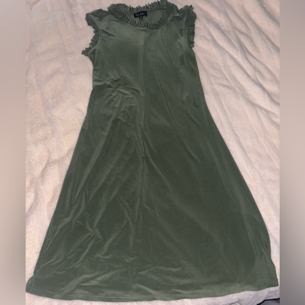 Chic Olive Midi Dress with Ruffle Accents